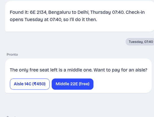 Screenshot of the pronto website showing a Telegram chat handling a flight check-in